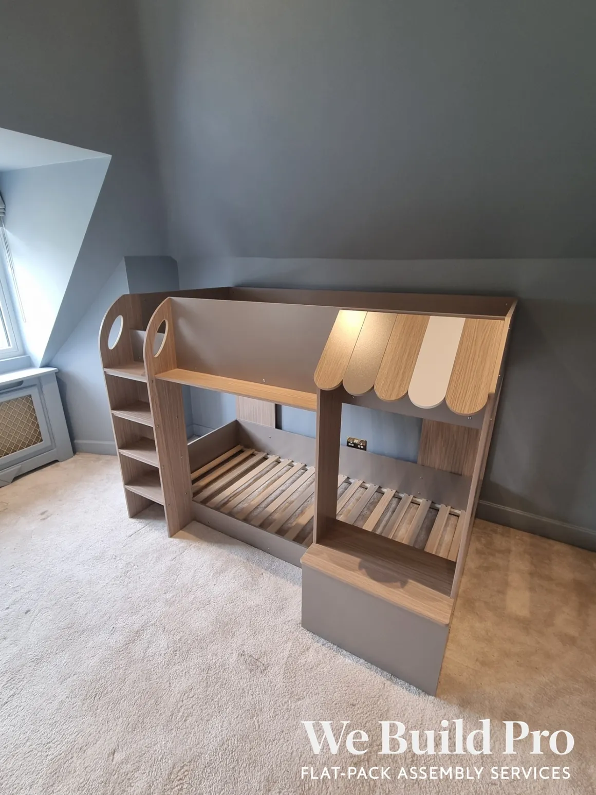 Creative children's bunk bed with playhouse canopy and built-in storage